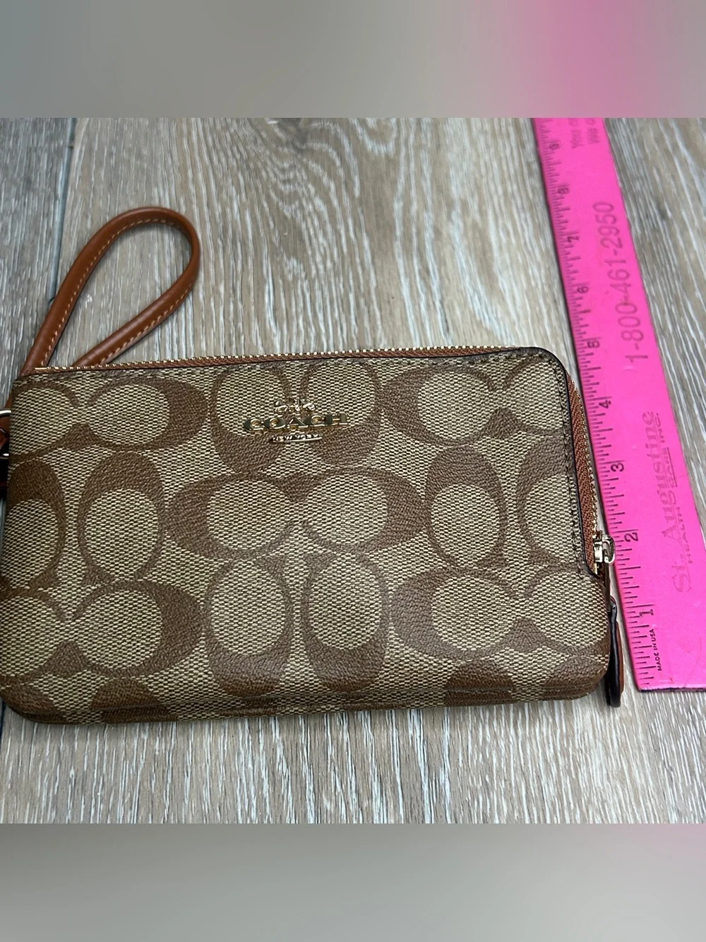 COACH Double Zip Wristlet in Signature Canvas Khaki Saddle Brown Wallet⁠